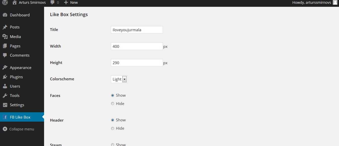 Facebook like box settings look