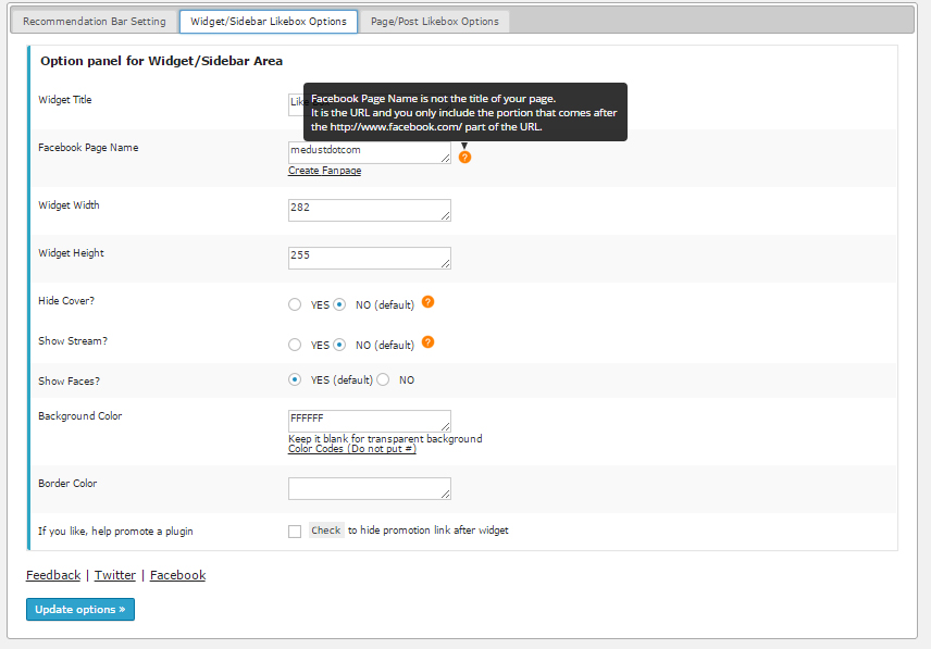 Admin Panel: Widget/Sidebar Facebook Page Plugin Option