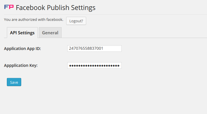 Settings page 1. Here you to insert and save the facebook API and secret key.
