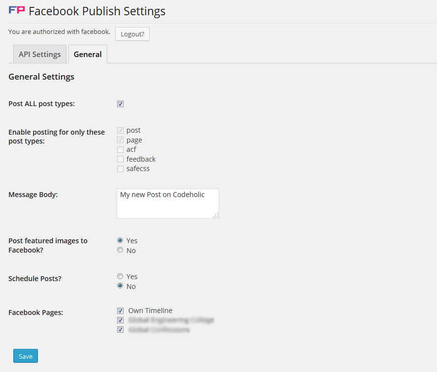 General settings page. You can control auto publishing for different posts type,change message to be posted, facebook pages and other settings