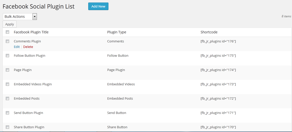Facebook Plugins Listing With Shortcode of each plugin