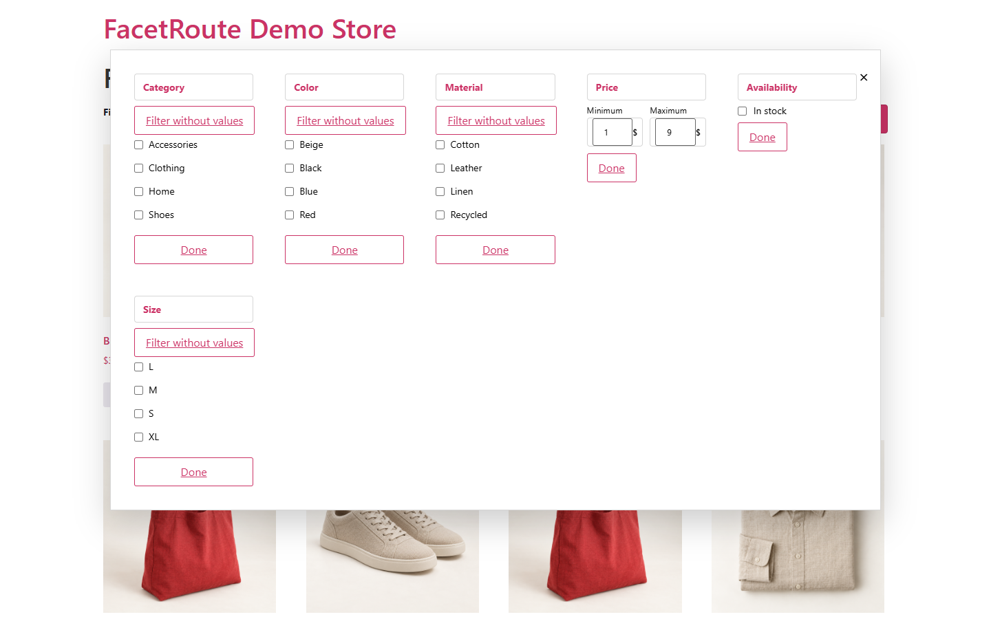 All Filters view with category, attribute, price, stock, and size controls in one panel.