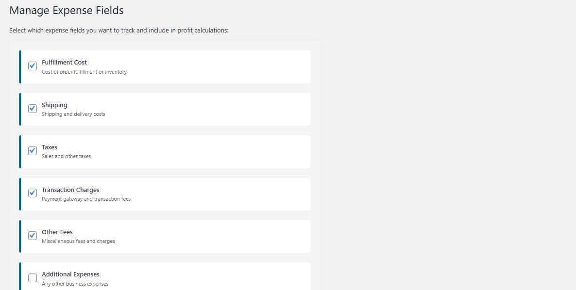 Settings page: Check items to show on the main calculations table.