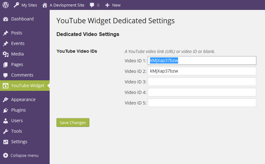 Shows the separate settings page that can be accessed by an Editor user. An Editor can specify videos to if enabled.