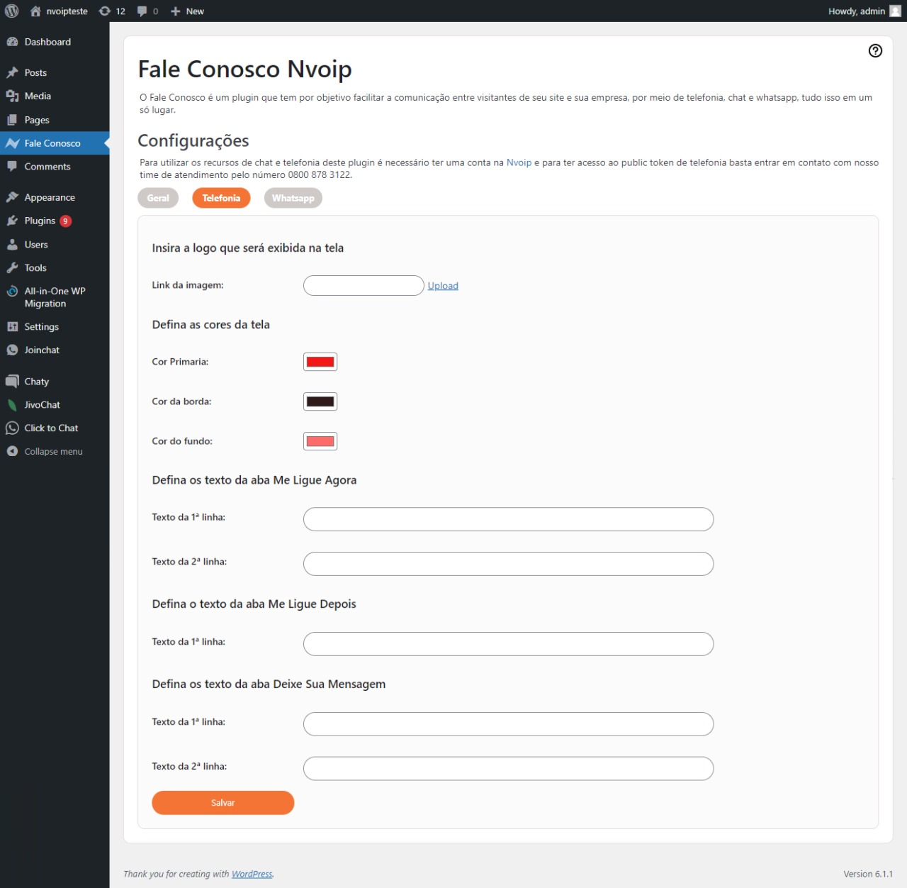 Telephony configuration: customize the screen, changing colors, texts and the logo that will be displayed
