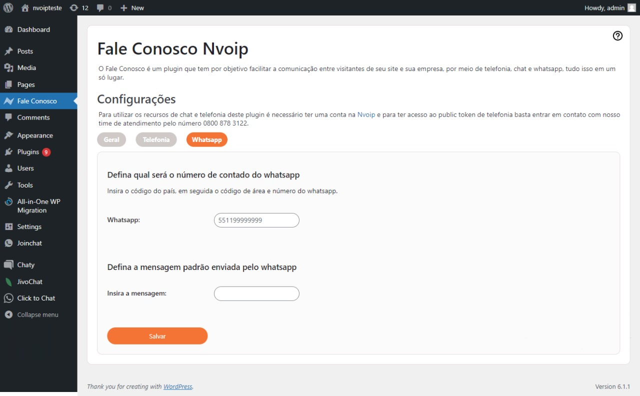 WhatsApp setup: enter the WhatsApp number for customers to contact and set a default message that will be sent by customers.