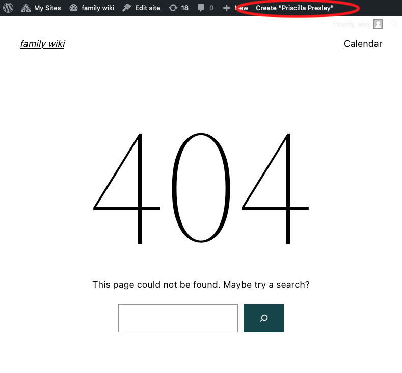 A 404 page exposing the "Create Page" link in the header.