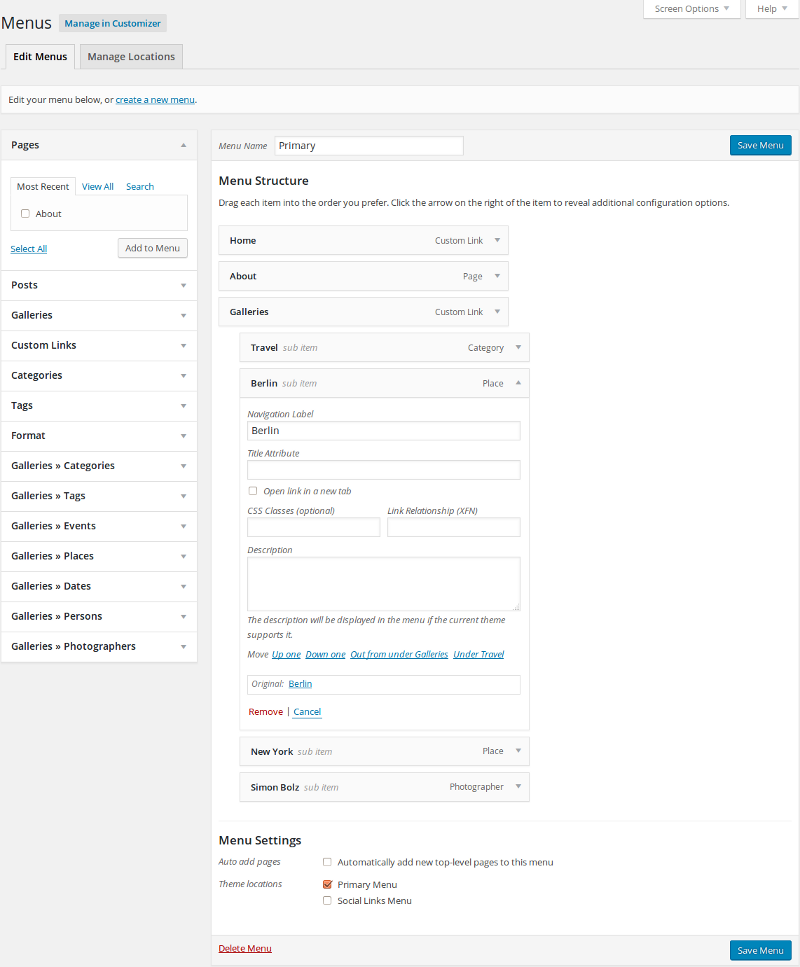 Integrate your galleries to your navigation menus