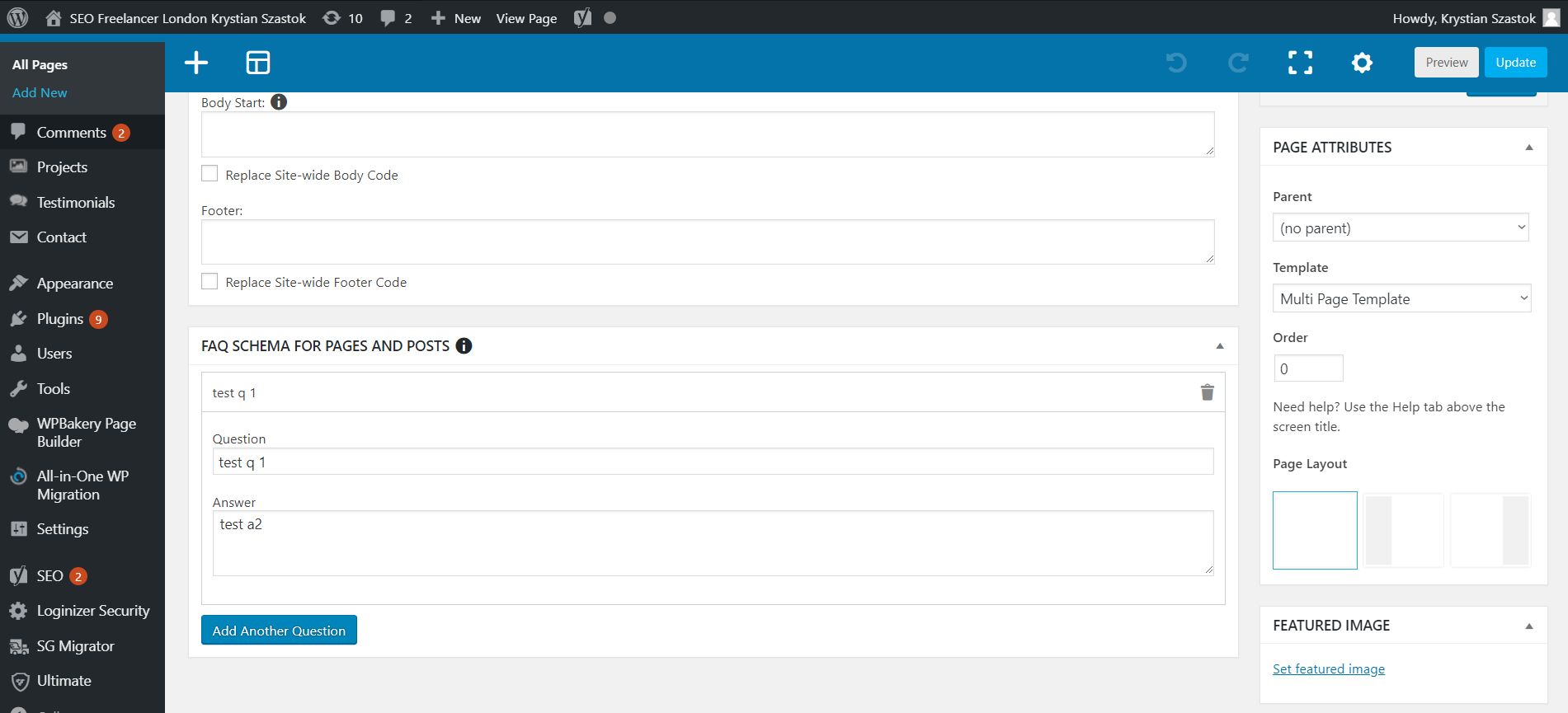 Simple backend panel at the end of each page or post, allowing for unique FAQ schema to be added, saves on page update.