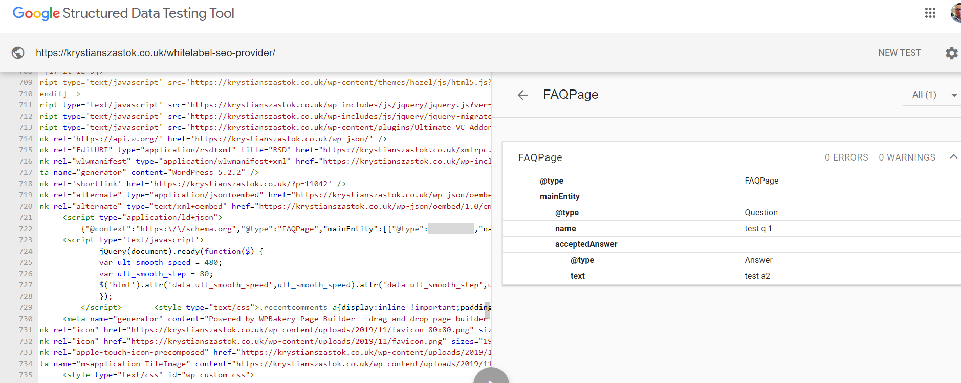 Front end output in the source code, validates perfectly with Google's tester.