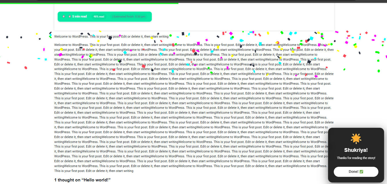 **Comprehensive Settings Page** - Full control over WPM (200), display positions, post types (Post/Page/Custom), text labels, celebration popup toggle, and multi-language options with Bengali support