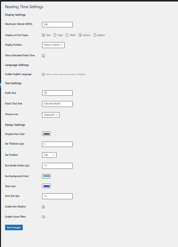 **Advanced Design Settings** - Color pickers for progress bar, reading time box styling, text colors, background colors, plus size controls (bar thickness, font size, border radius) and effect toggles (box shadow, hover effects)