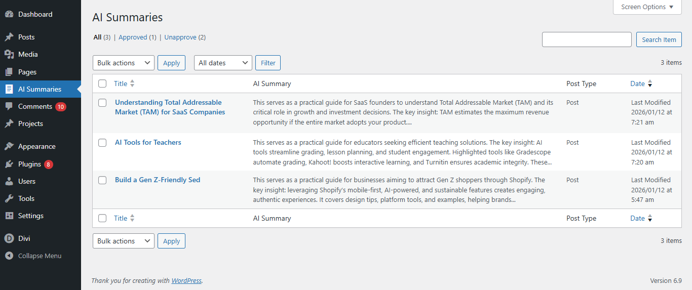 AI Summaries Admin List (Custom Post Type)