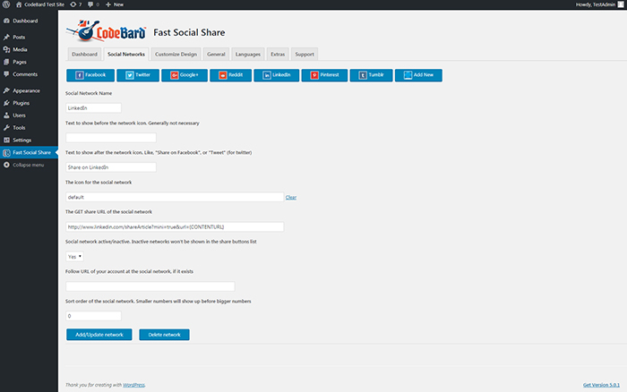 View of the Social network editor in plugin admin