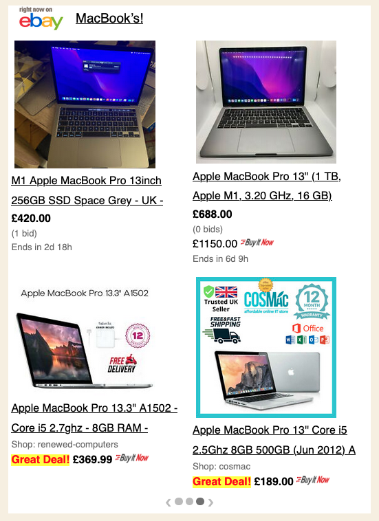 Screenshot 2. A list of eBay items in a slideshow