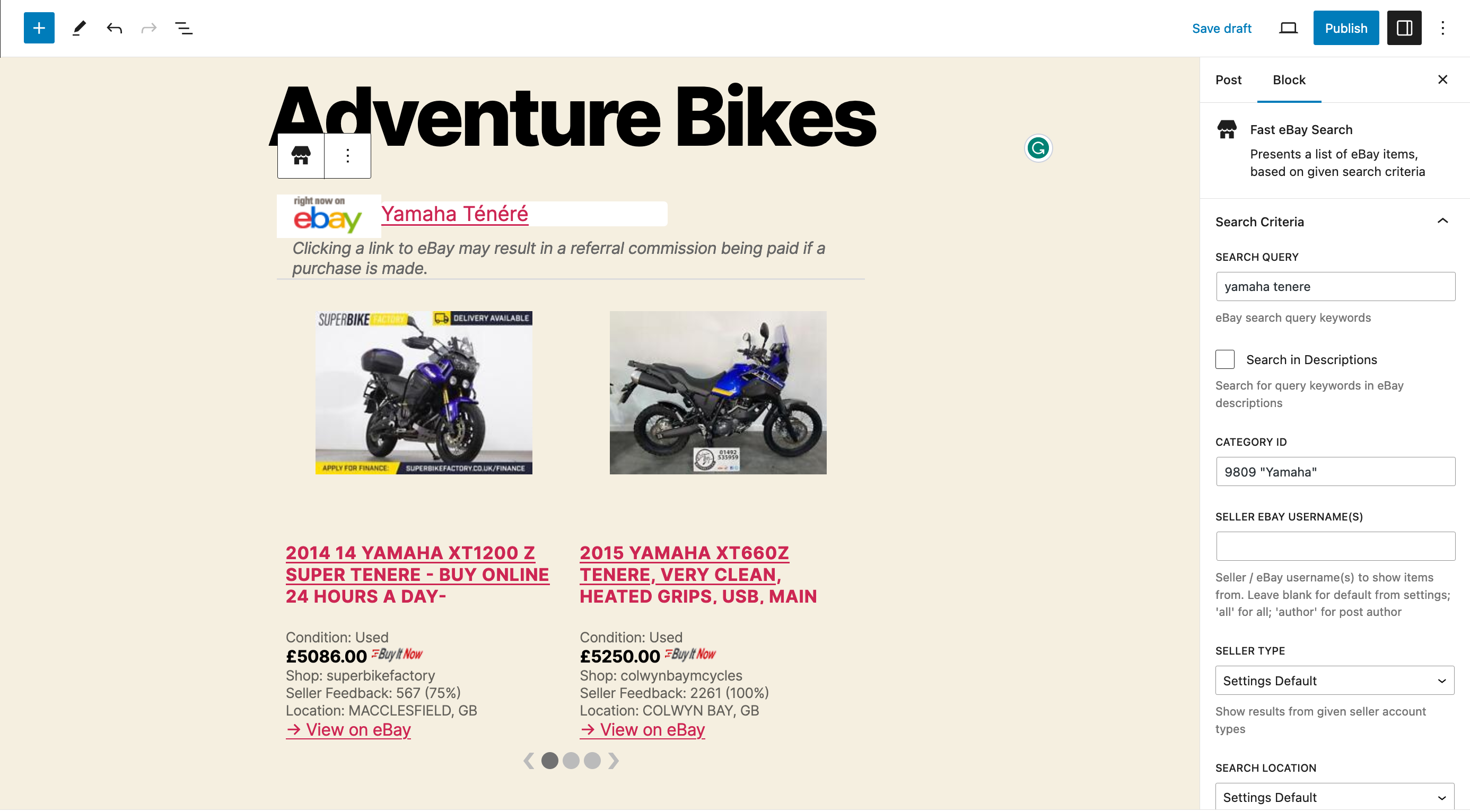 Screenshot 5. Live preview of eBay listings in the WordPress Block Editor