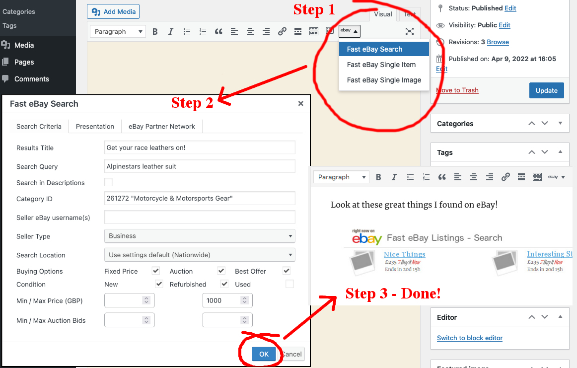 Screenshot 6. Easy UI to add eBay listing shortcodes in the WordPress Classic Editor
