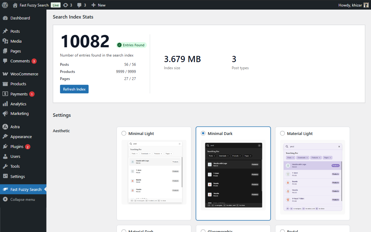 Backend options showing different styles