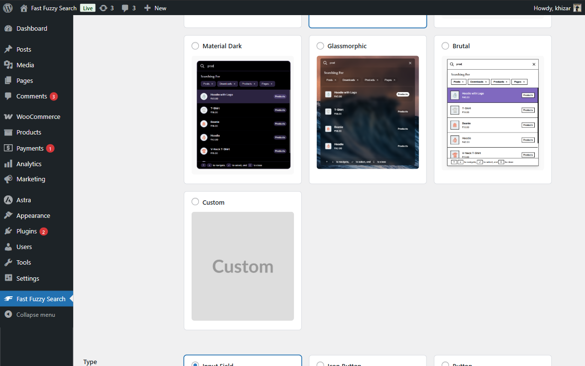 Backend options showing layout controls