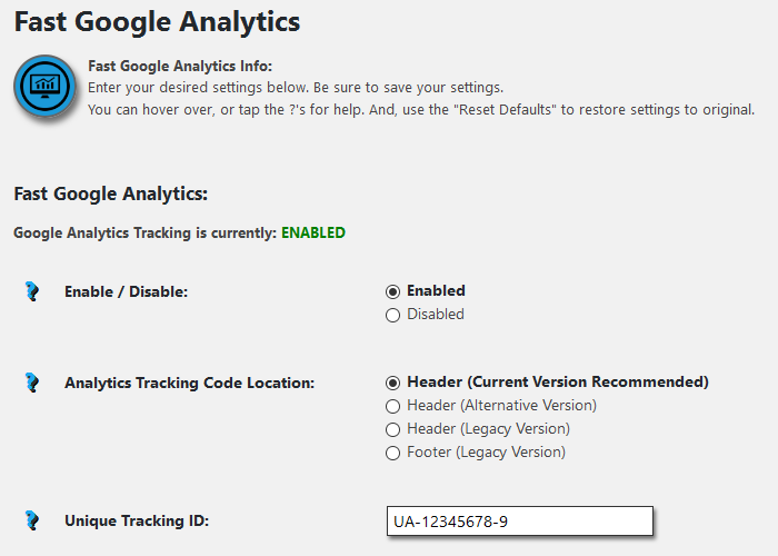 WordPress Admin Dashboard Fast Google Analytics Settings