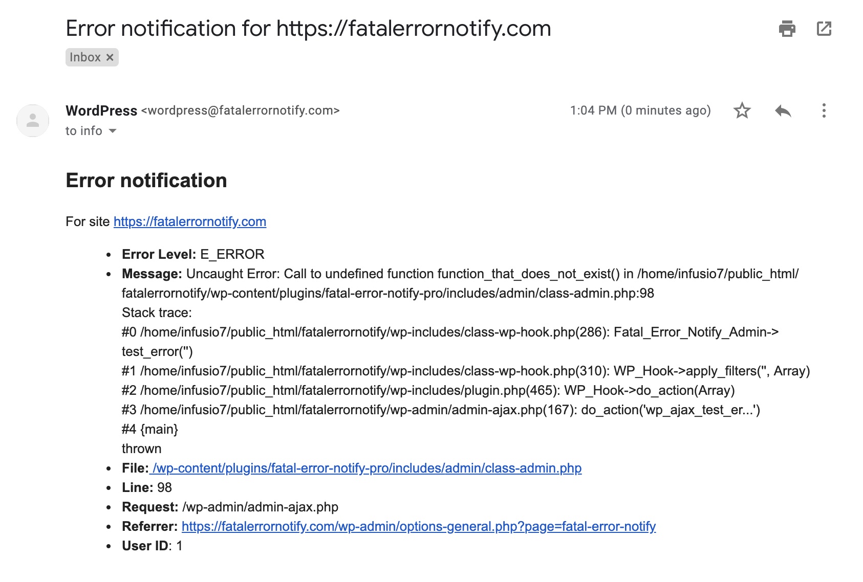 Example email received when an error has been reported