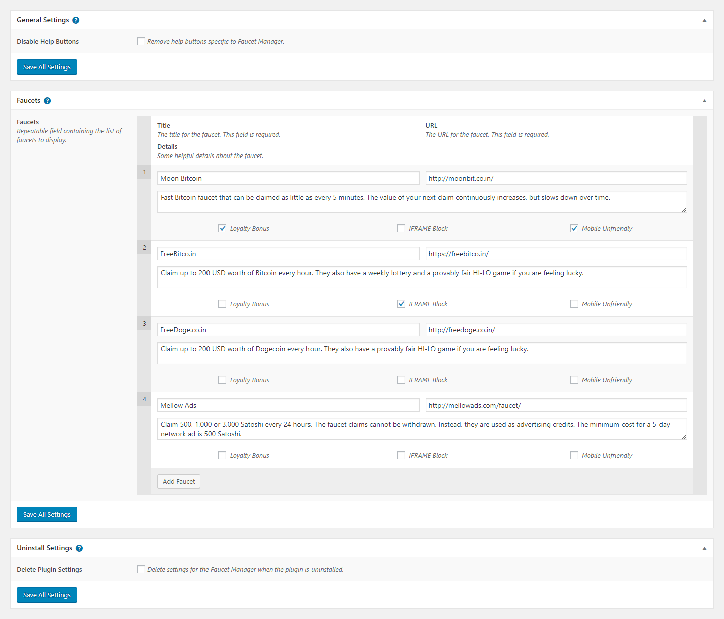 Plugin settings page