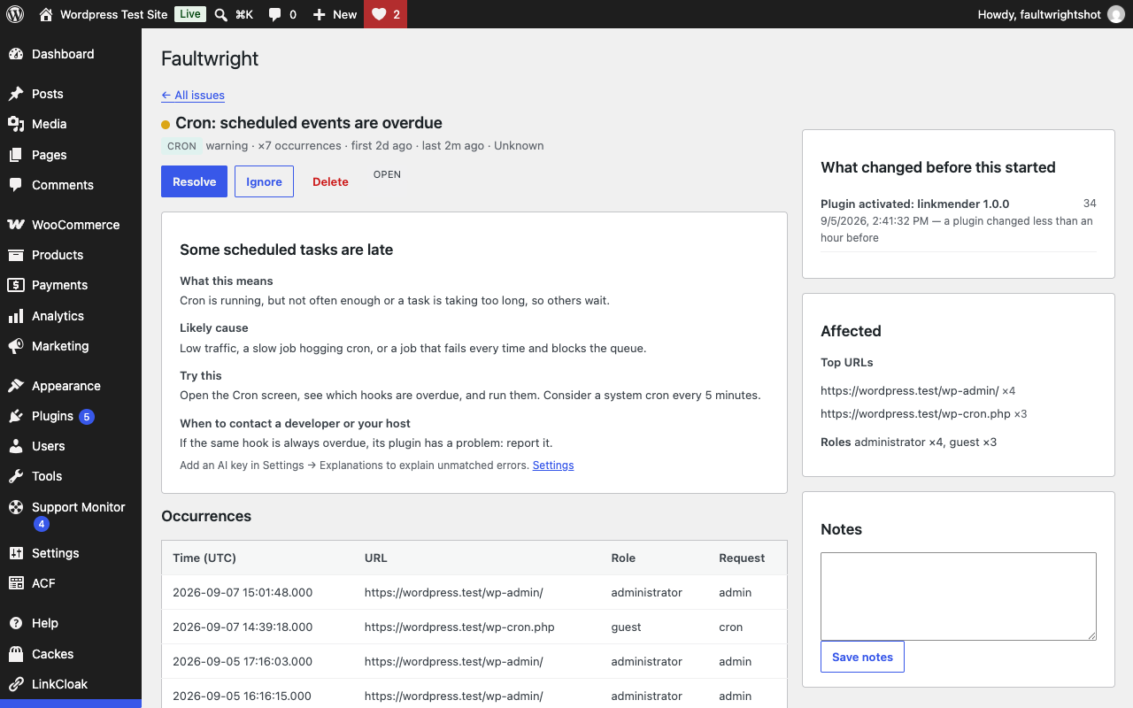 Issue detail: plain-English explanation, what changed before it started, occurrences and stack trace.