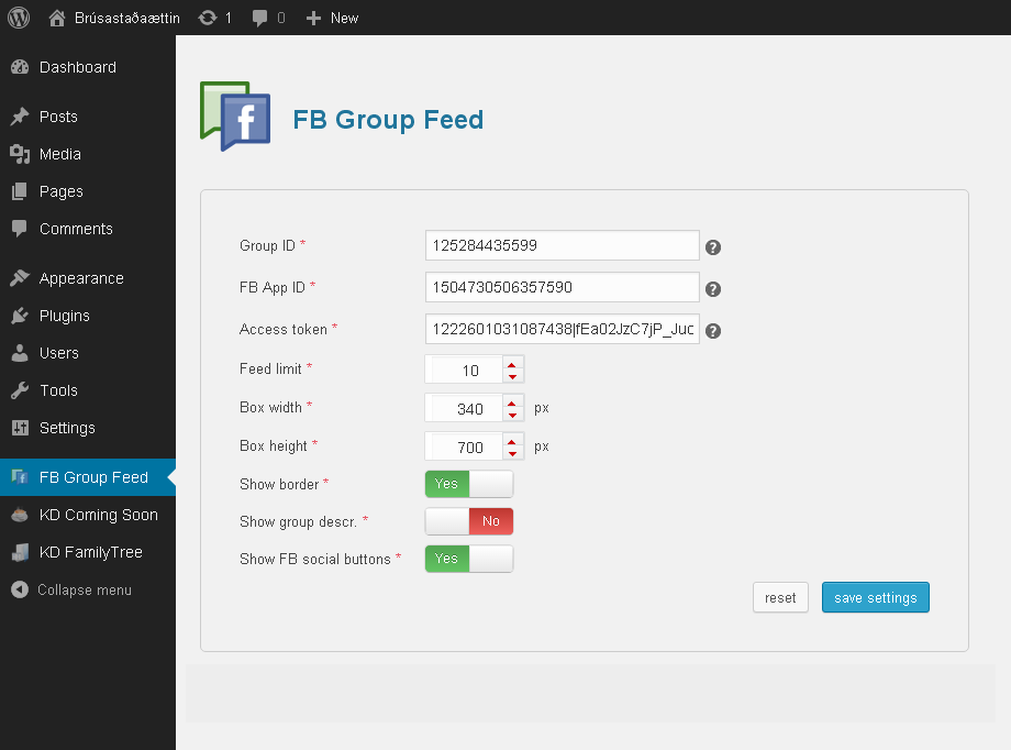 The FB Group Feed settings section