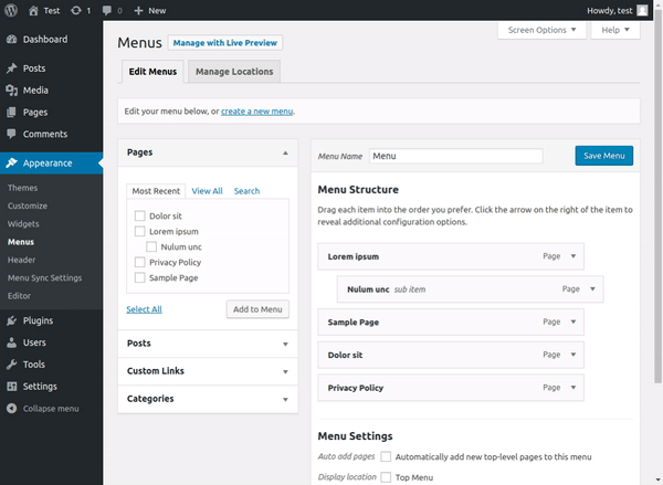 Demo of saving the menu syncing to the page and saving the page syncing to the menu