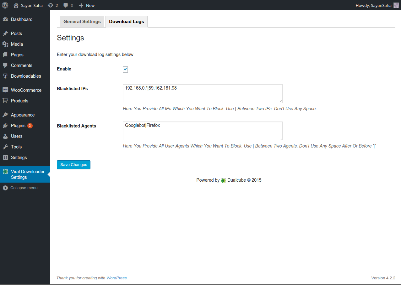 Social Viral Downloader in Admin Panel Configuration Download Logs Settings.