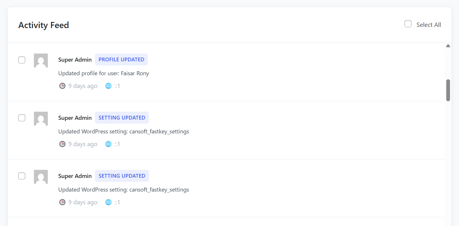 Real-time activity feed with user avatars and action details