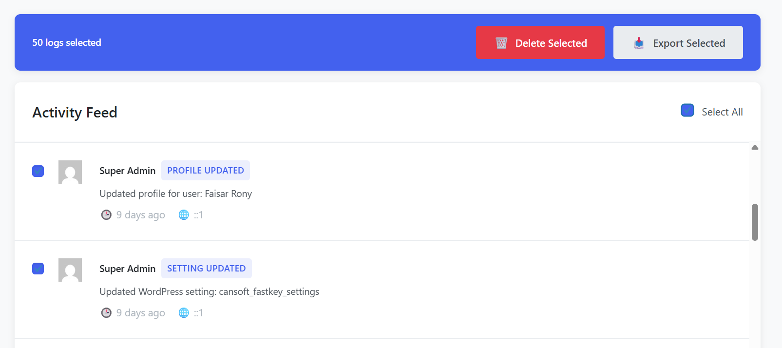 Bulk actions interface for managing multiple logs
