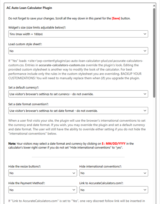 A portion of the plugin's settings dialogue, as seen under *Appearance* -> *Widgets* page in WordPress's administration area.