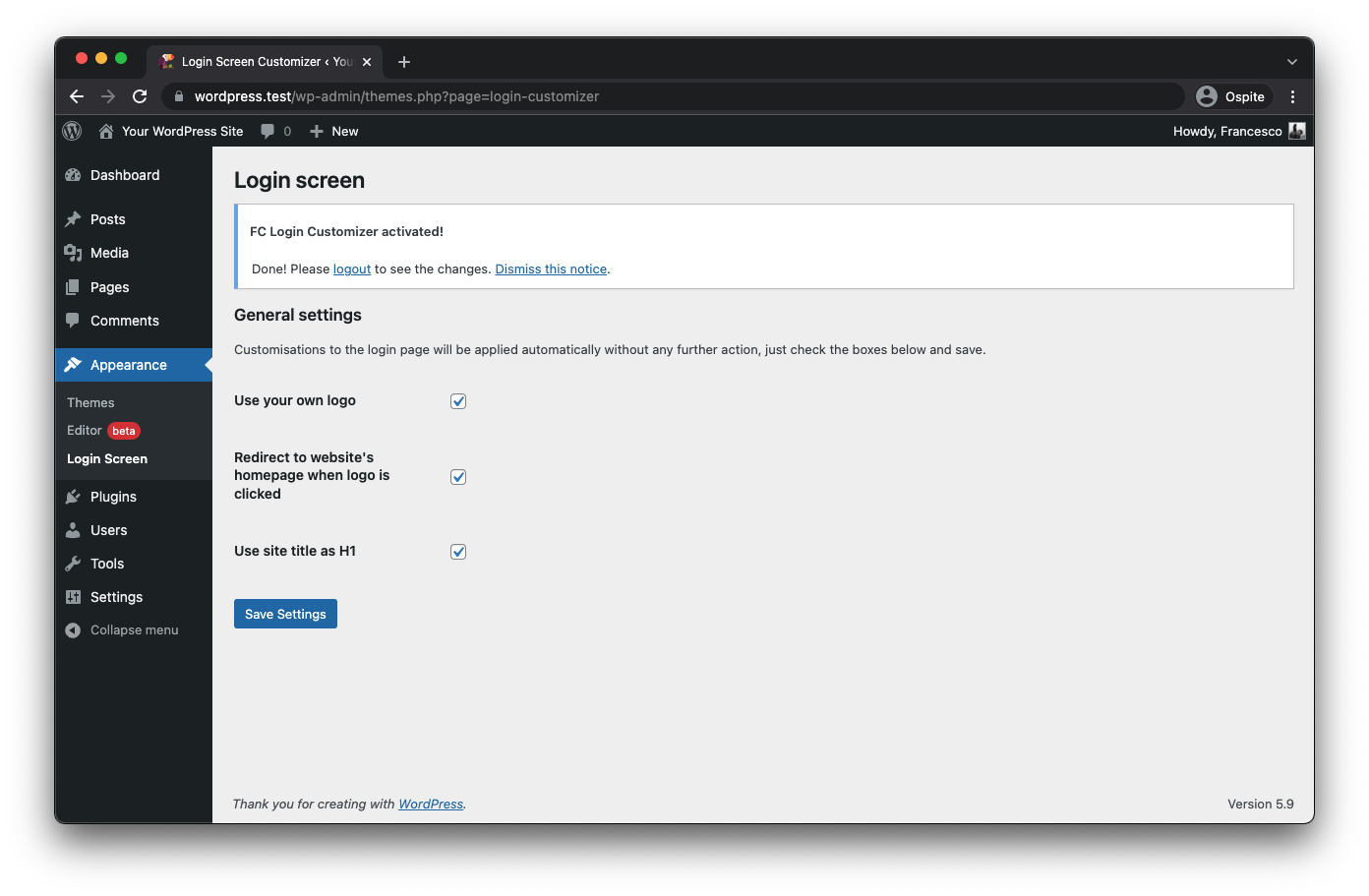 Plugin's settings page