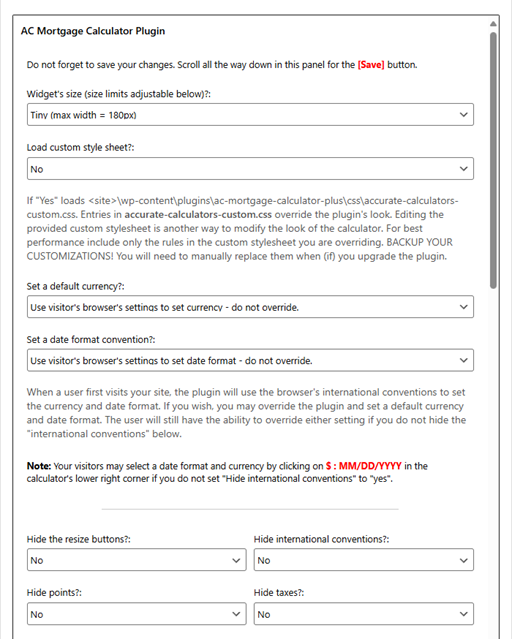 A portion of the plugin's settings dialogue, as seen under *Appearance* -> *Widgets* page in WordPress's administration area.