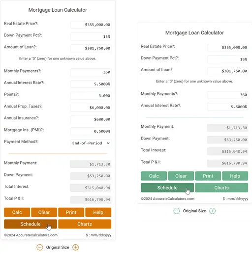 All options showing (left) and with sc_hide_points="Yes", sc_hide_taxes="Yes", sc_hide_insurance="Yes", sc_hide_pmi="Yes", and sc_hide_payment_method="Yes"