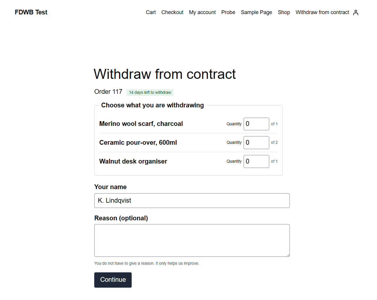 Choosing what to withdraw, item by item and quantity by quantity, capped at what the order still holds.