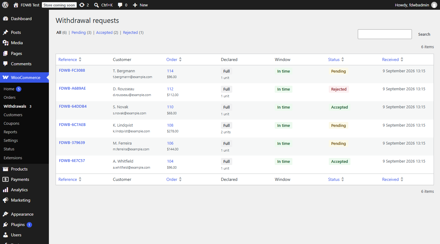 The request list, with status filters and the pending count in the menu.