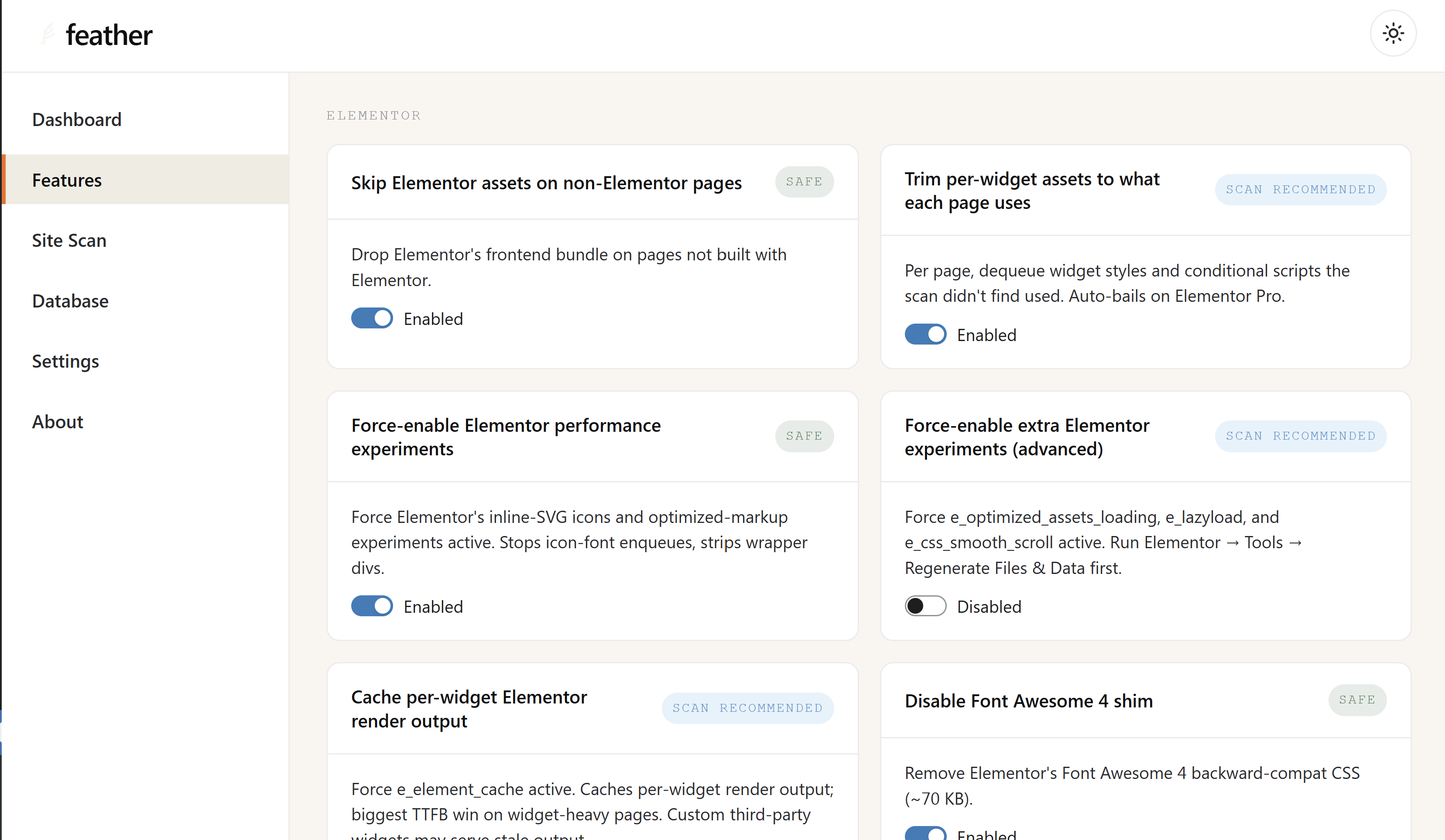Features browser, grouped by category, with risk badges.
