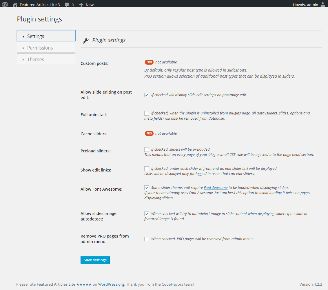 Plugin Settings page