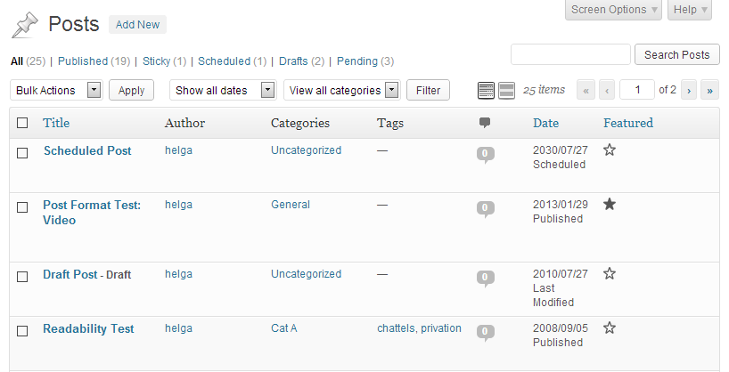 Posts overview. Featured status can be changed via quickedit, or by simply clicking on the star icon.  Dark stars are featured whereas hollow stars are not.