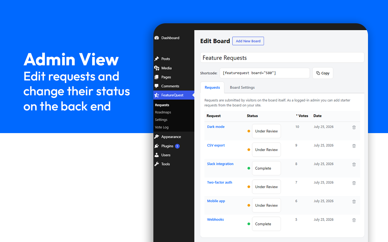 The admin request list with status and vote columns.