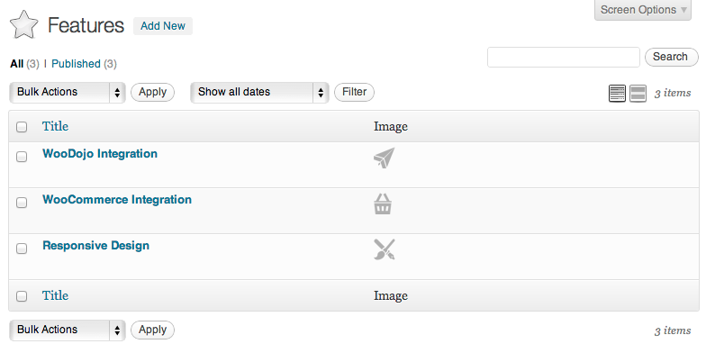The features management screen within the WordPress admin.