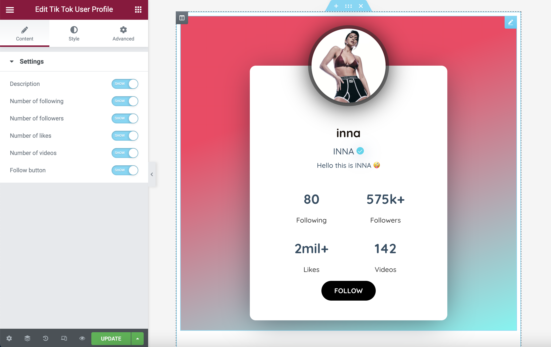 Tik Tok Feed / User Profile Elementor