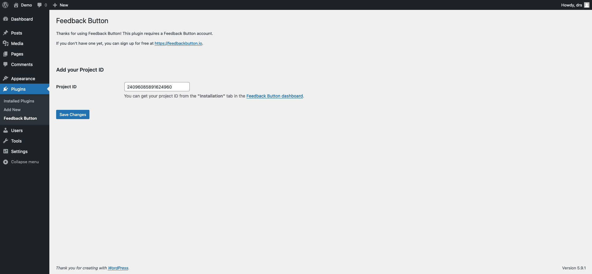 The settings page in WPAdmin