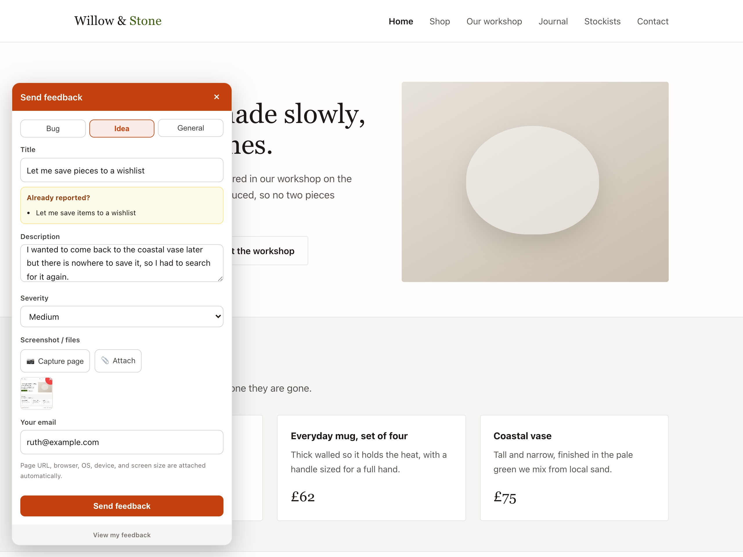 The feedback button on the front end, with an auto-captured screenshot.