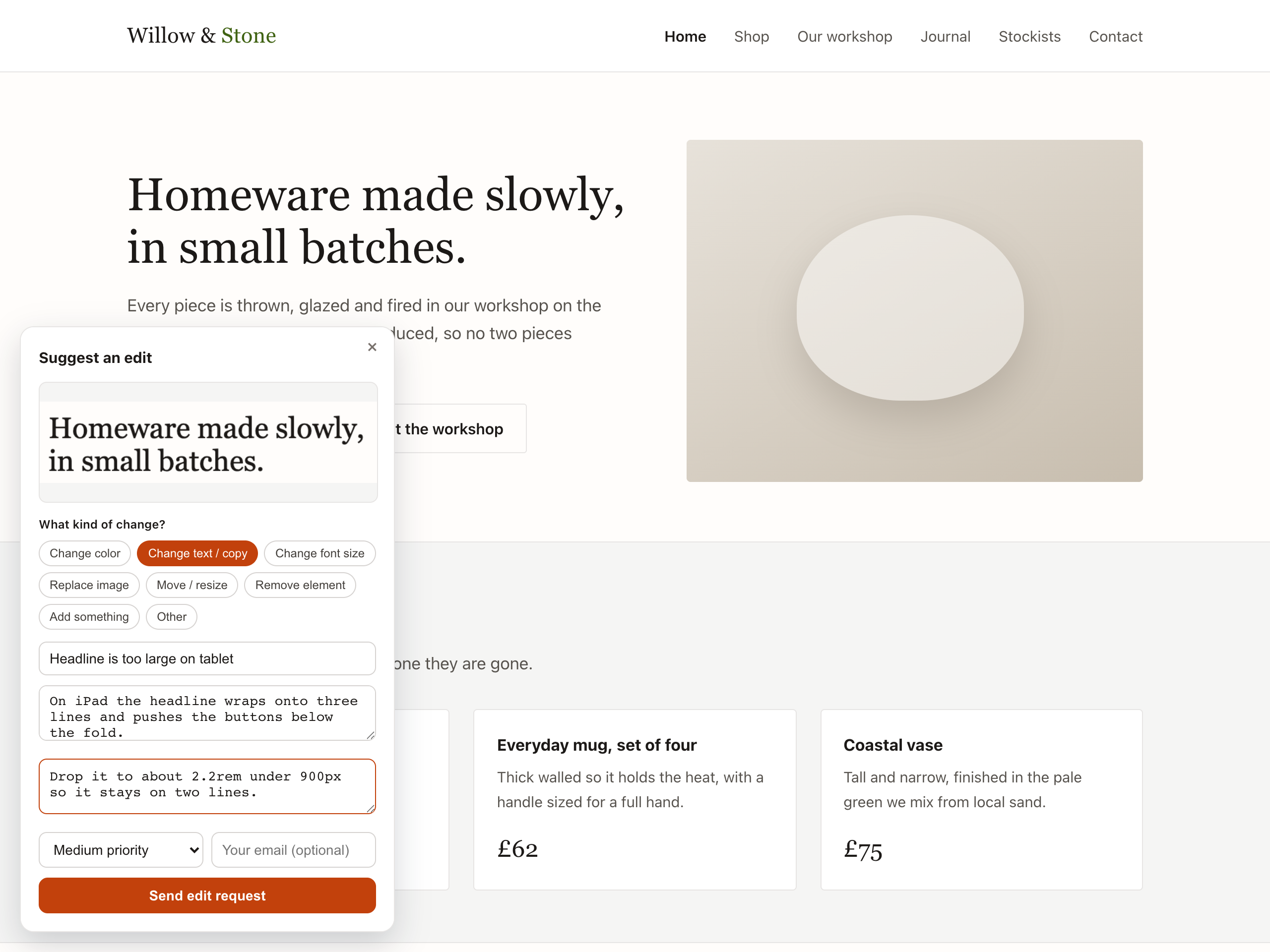 Visual annotation: a visitor boxes an element and files a precise edit request.