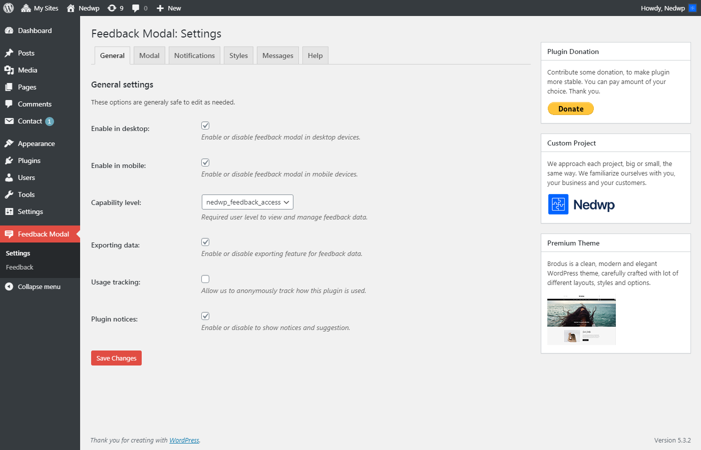 Feedback modal appearance