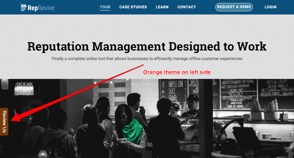 Review Us widget button with orange theme on the left side