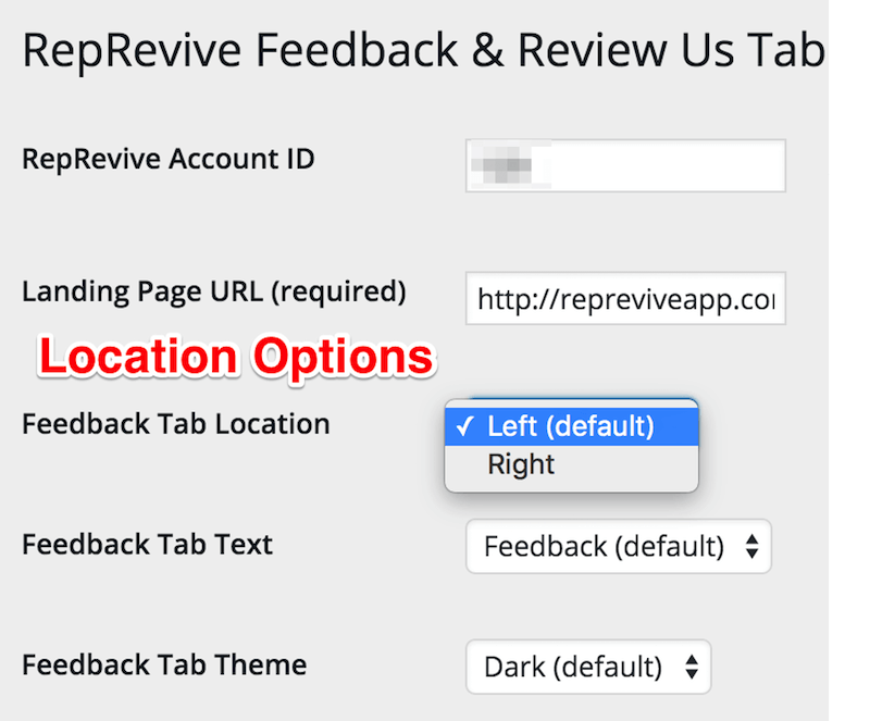 Location options for feedback / review us button